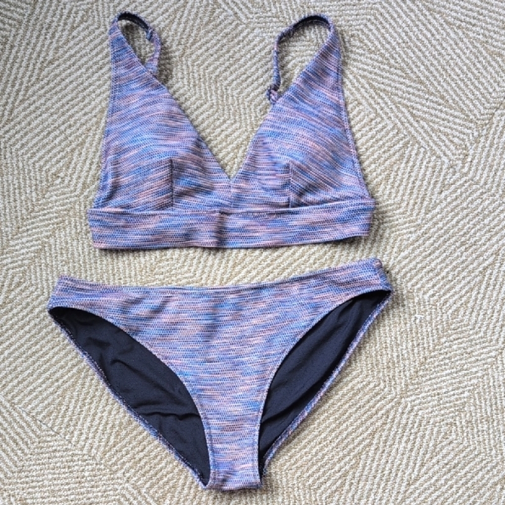 Aerie Space Dye Pique V Navy Blue, Purple, Pink Padded Bikini Set Size Small